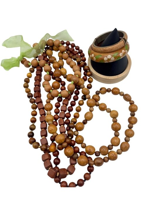 Vintage Jewelry - Vintage 1970s Wood Bead Necklace Bracelet Lot 7pcs BOHO Retro Natural
